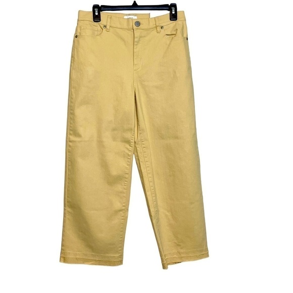 NWT LOFT Yellow Jeans High Rise Slim Wide Leg Cropped Unfinished Hem Size 4 - Picture 1 of 11